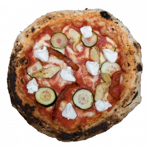 Pizza B.B. VEGE
Sauce tomate, basilic frais, Mozzarella, légumes cuits au four
