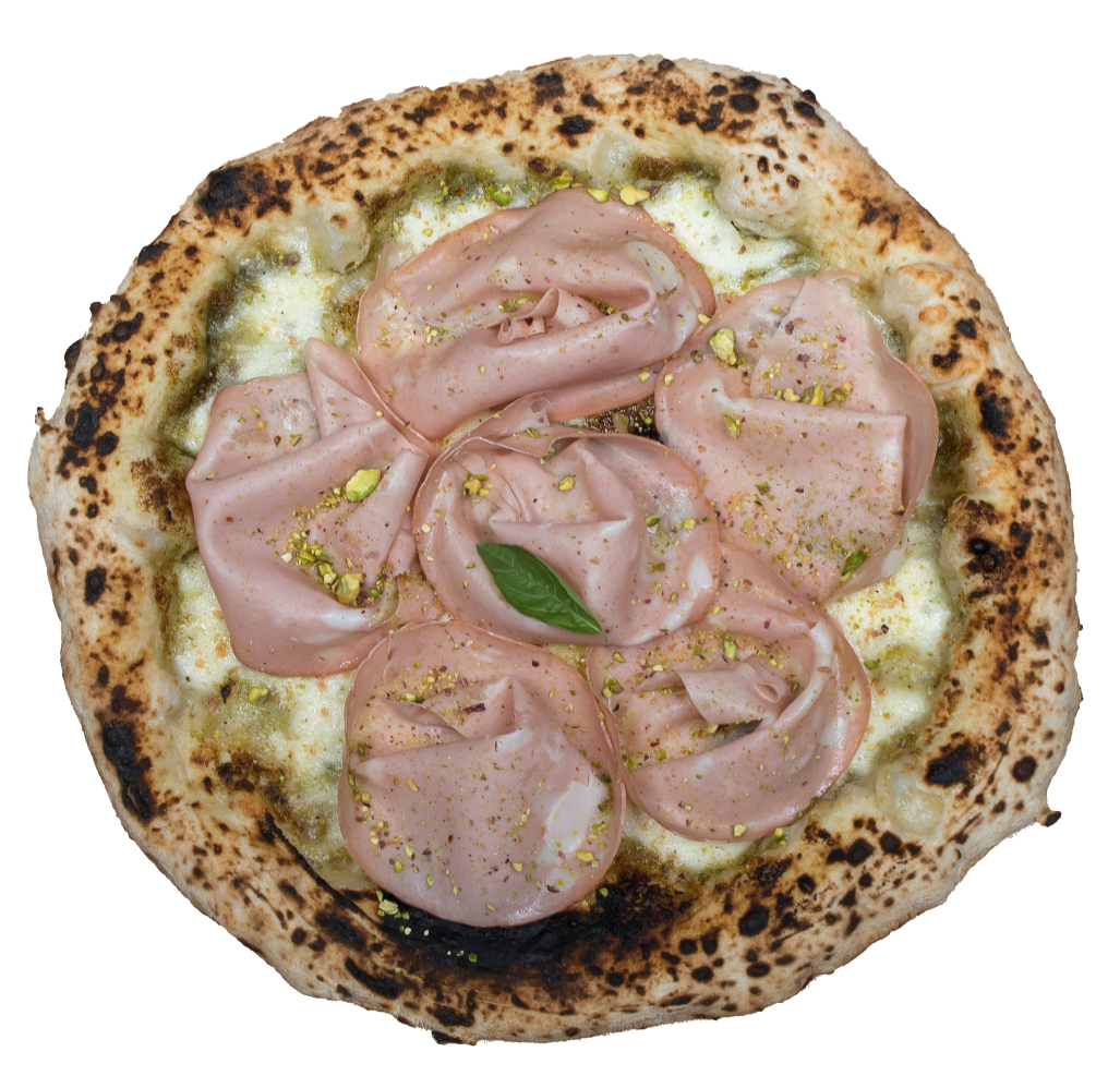 Pizza MORTA BELLA
Mozzarella, Mortadelle, crème de pistache, basilic frais
